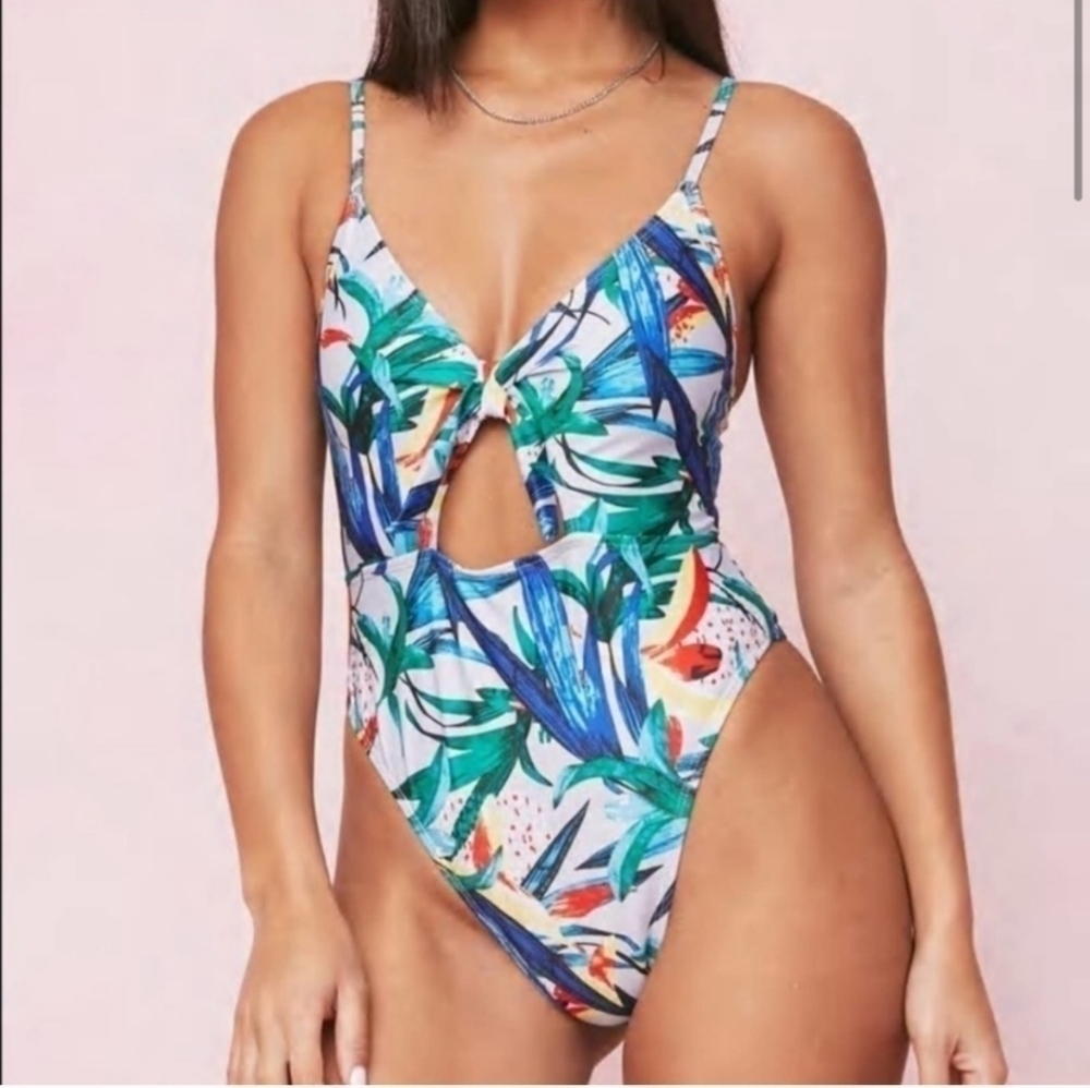 NWT Nasty Gal Swim | Tropical Print High Leg Cutout Swimsuit | Blue/Green Sz 4